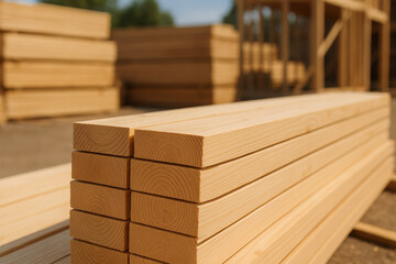 Stacks of Lumber: An eye-level perspective showcasing a stack of freshly cut lumber, highlighting the raw, natural texture and the intricate grain patterns of the wood. 