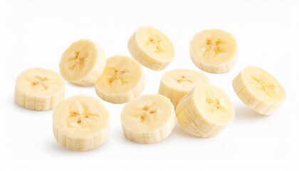 Flying delicious banana slices cut out isolated white background
