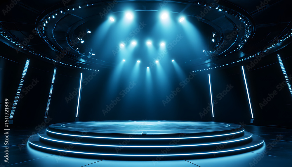 Poster abstraction with rays and neon. futuristic empty stage.