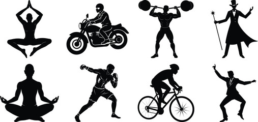 Naklejka premium Man various activity silhouette set. Running, jumping, cycling, gym, yoga, sports, riding bundle vector isolated on transparent background