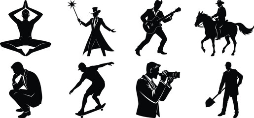 Man various activity silhouette set. Running, jumping, cycling, gym, yoga, sports, riding bundle vector isolated on transparent background