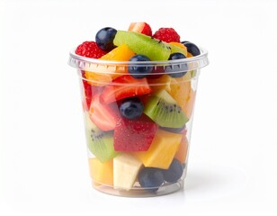 Fresh cut fruit in a plastic cup isolated on white background