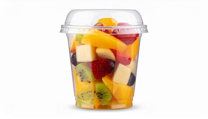 Fresh cut fruit in a plastic cup isolated on white background