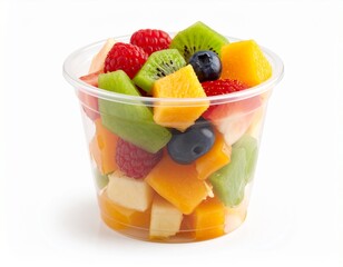 Fresh cut fruit in a plastic cup isolated on white background
