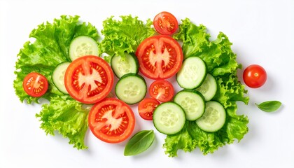 tomato, cucumber, lettuce, vegetable, fresh, salad, food, isolated, background, white, healthy, top, view, raw, organic, ingredient, green, red, vegetarian, nutrition, diet, sliced, salad, nature, sli