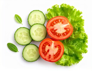 tomato, cucumber, lettuce, vegetable, fresh, salad, food, isolated, background, white, healthy, top, view, raw, organic, ingredient, green, red, vegetarian, nutrition, diet, sliced, salad, nature, sli