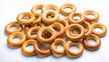 Fresh delicious bread rings stack isolated on white background