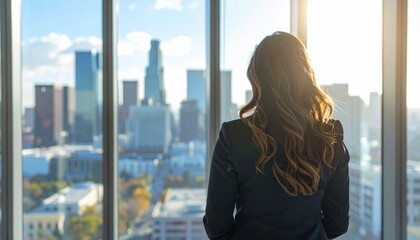 Successful businesswoman gazing at a city skyline from a highrise office window enjoying a bright sunny day