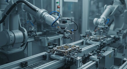 Automated Robotic Arm Assembling Circuit Boards in Modern Industrial Factory