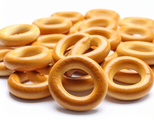 Fresh delicious bread rings stack isolated on white background