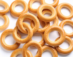 Fresh delicious bread rings stack isolated on white background