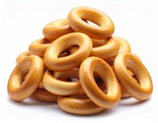 Fresh delicious bread rings stack isolated on white background