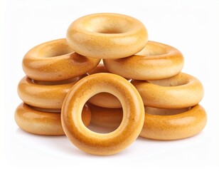 Fresh delicious bread rings stack isolated on white background