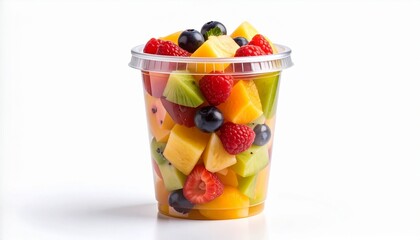 Fresh fruit pieces salad in plastic glass isolated on white background