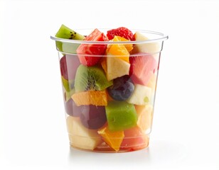Fresh fruit pieces salad in plastic glass isolated on white background