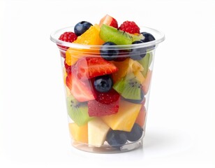 Fresh fruit pieces salad in plastic glass isolated on white background