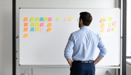 Businessman reviewing colorful sticky notes on whiteboard planning strategy project management ideas