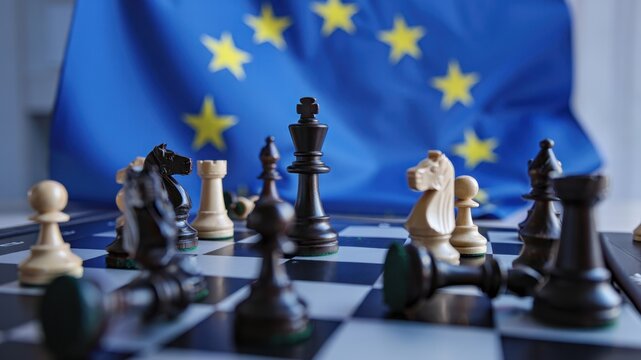 Chessboard with scattered black and white chess pieces in front of European Union flag, representing geopolitics, strategic decisions, diplomacy, competition, and international political dynamics