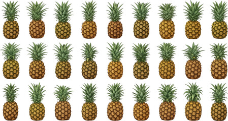 A large collection of realistic pineapple illustrations with textured skin and green spiky leaves, arranged in a grid.