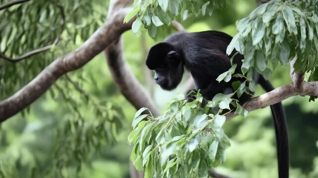 Close-up of a black howler monkey perched on a tree branch with green leaves, gazing downward attentively in natural setting.