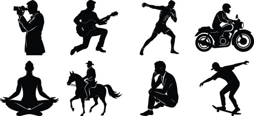Man various activity silhouette set. Running, jumping, cycling, gym, yoga, sports, riding bundle vector isolated on transparent background