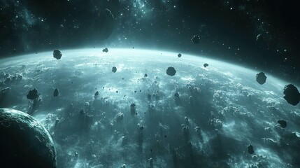 Fototapeta premium Vast, turquoise space, asteroid field around planet