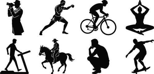 Man various activity silhouette set. Running, jumping, cycling, gym, yoga, sports, riding bundle vector isolated on transparent background