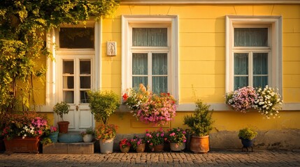 Obraz premium Sunny yellow house with blooming flowers, warm summer charm