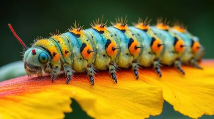 Obraz premium Vibrant caterpillar on a flower petal