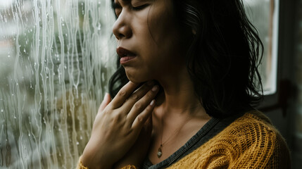 Close-up of a distressed woman clutching her chest with shallow breathing, blurred urban cityscape visible through a rain-streaked window, anxiety, and isolation in a dimly lit indoor setting.
