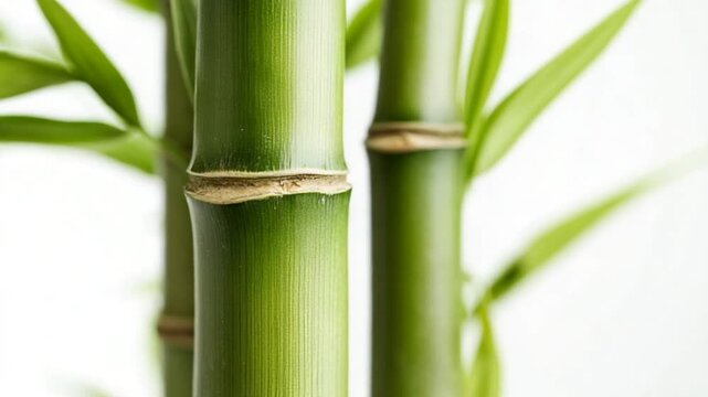 Close-Up of Vibrant Green Bamboo Stalks on a White Background Emphasizing Freshness