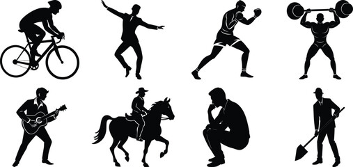 Man various activity silhouette set. Running, jumping, cycling, gym, yoga, sports, riding bundle vector isolated on transparent background