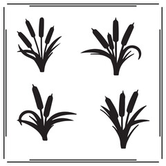 Cattail Silhouette Set – 4 Black Marsh Plant Icons for Nature Graphics, Wetland Vegetation Vector Art, Pond Scene Design, Botanical Illustration, Aquatic Plant Decor, and Stylized Reed Elements,

