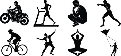 Man various activity silhouette set. Running, jumping, cycling, gym, yoga, sports, riding bundle vector isolated on transparent background
