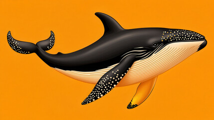 Stylized Black Whale Pixel Art Illustration on Orange