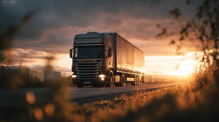 Truck on rural road under dramatic sunset, golden light painting the horizon -- a journey through nature's fleeting beauty