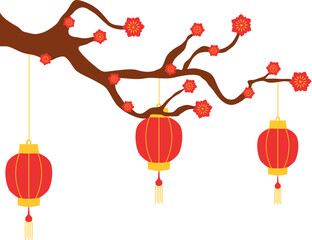 Chinese lantern with blossoms tree. Chinese new year lantern for corner decoration. Vector isolated.
