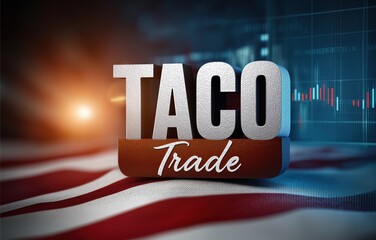Innovative TACO Trade concept on a dynamic stock market background with American flag colors reflecting economic themes
