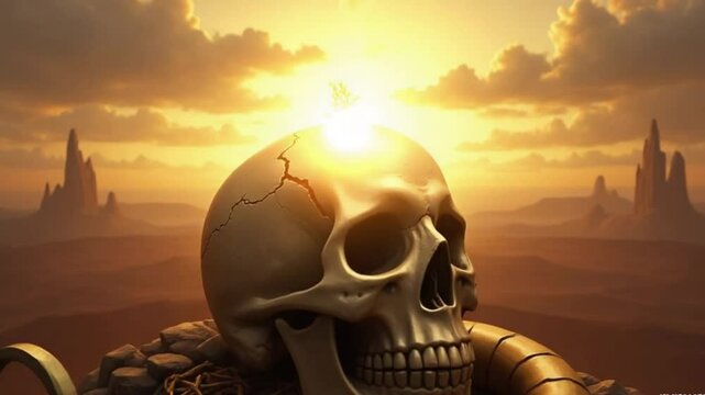 Skull with golden ring and hook, fantasy sunset scene