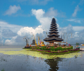 View of the Ulun Danu temple reflected on the waters of Beratan lake, Bali, Indonesia