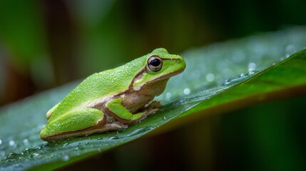 Obraz premium A vibrant tree frog rests on a tropical leaf, embodying nature's delicate beauty.