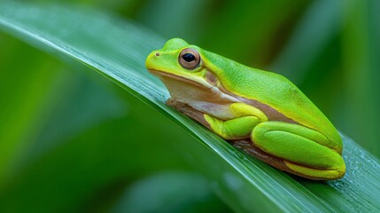 Obraz premium A vibrant tree frog rests on a tropical leaf, embodying nature's delicate beauty.