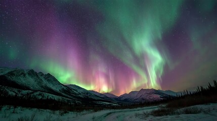 Vibrant green and purple aurora dancing over snowy peaks, a celestial spectacle of nature's magic.