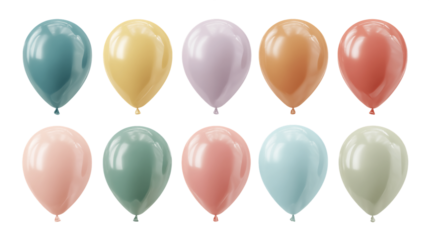 Twelve Pastel Balloons on Transparent Background, PNG