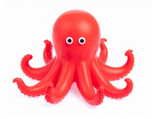 Funny and cross eyed red rubber octopus isolated on white background