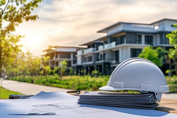 Construction plans for new housing development.  Modern homes, blueprints, and safety helmet