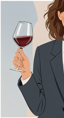 Illustration of Woman dressed in formal attire is holding glass of white wine. Alcohol clarity and reflections during sunset gathering, embodying sophistication and celebration in social atmosphere
