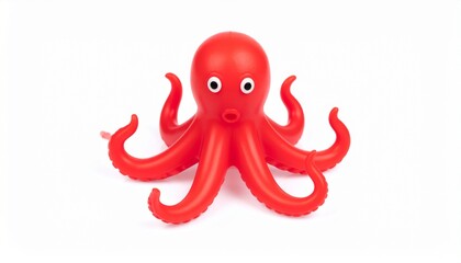 Funny and cross eyed red rubber octopus isolated on white background