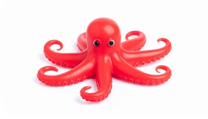 Funny and cross eyed red rubber octopus isolated on white background