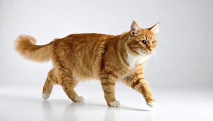 Ginger cat walks isolated on white background